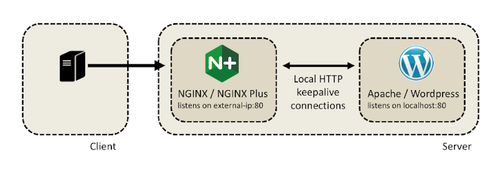 NGINX or NGINX Plus serves as a proxy for WordPress and Apache httd servers in a microcaching test