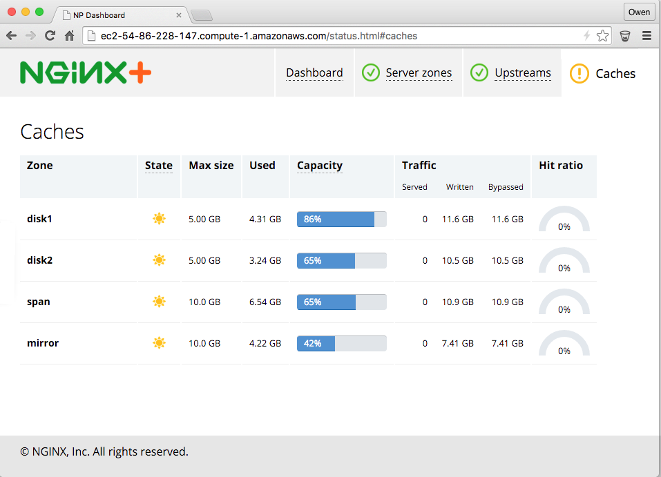 NGINX Plus live activity monitoring dashboard confirms that cache manager process prevents caches from filling completely during testing