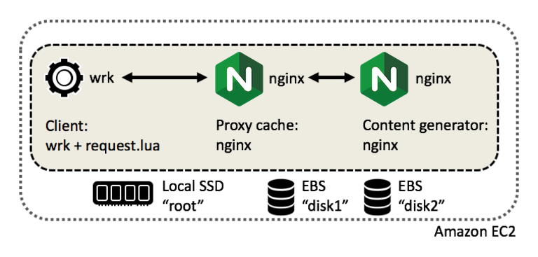 Amazon EC2 t2.small instance with local SSD storage and two large magnetic EBS block devices, used to test NGINX cache placement strategies