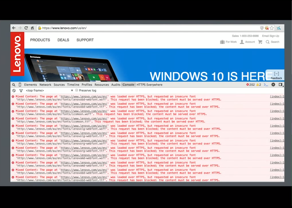 When you visit a page over HTTPS such as Lenovo.com, your browser does not want to load resources over HTTP after that. This means that not all of your content is delivered to your end user unless all of it is configured for NGINX HTTPS [presentation given by Yan Zhu and Peter Eckersley from the Electronic Frontier Foundation (EFF) at nginx.conf 2015]