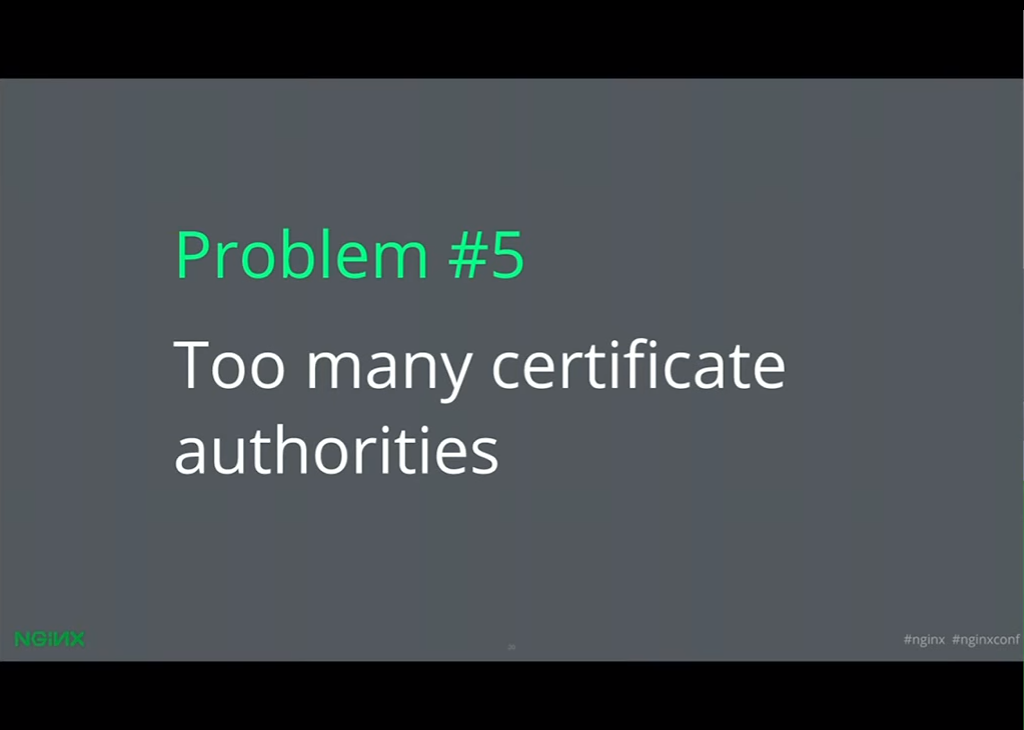 There are too many certificate authorities, making it hard to decide who to choose to give your website HTTPS with NGINX [presentation given by Yan Zhu and Peter Eckersley from the Electronic Frontier Foundation (EFF) at nginx.conf 2015]