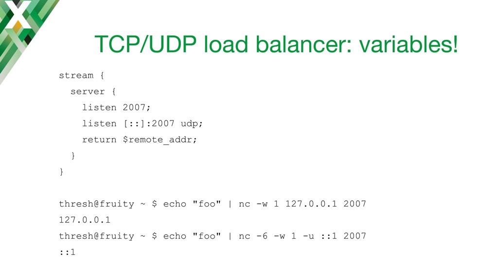 NGINX configuration code for using variables with the NGINX TCP load balancer and UDP load balancer