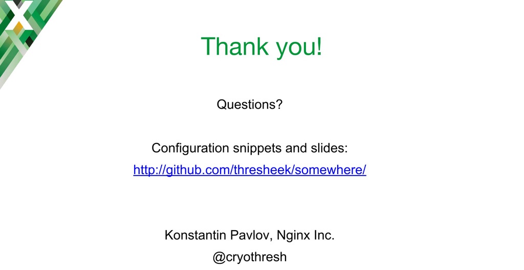 Slide reading 'Thank You' from presentation by Konstantin Pavlov at nginx.conf 2016 about NGINX as a TCP load balancer and UDP load balancer