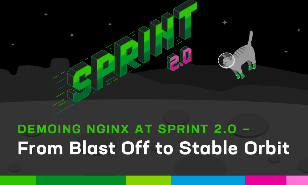 Sprint 2.0: Demoing NGINX at Sprint 2.0 - From Blast Off to Stable Orbit. Background of floating cat in space