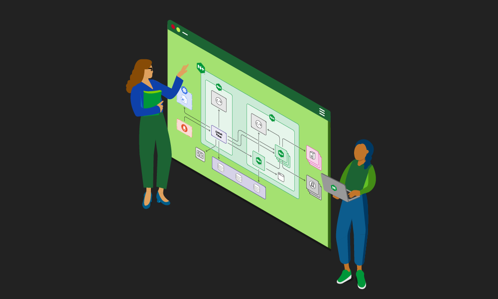 Woman standing pointing to presentation screen with woman holding laptop